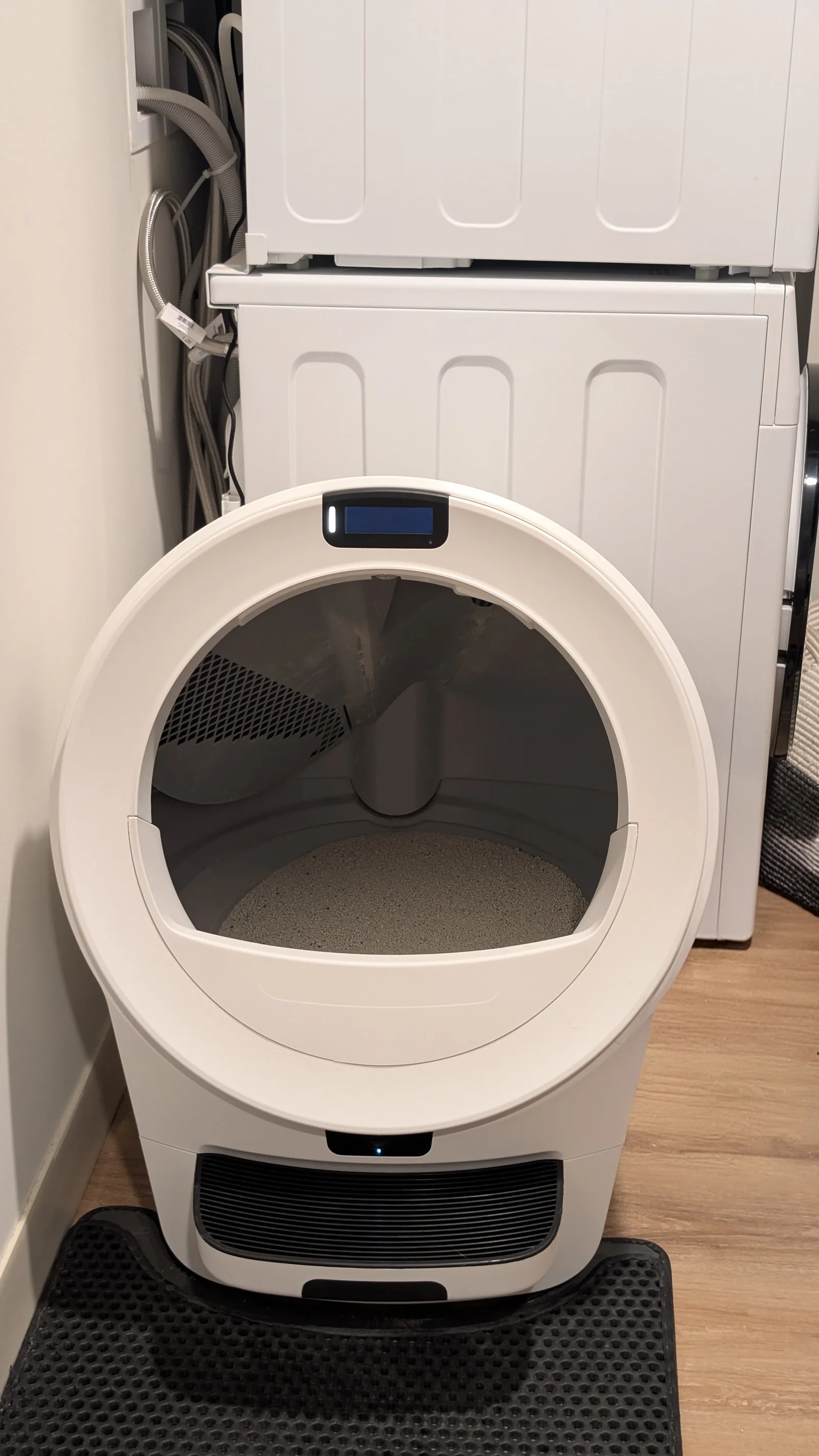 Clumping litter filled to a practical level inside a white Litter-Robot 5 Pro