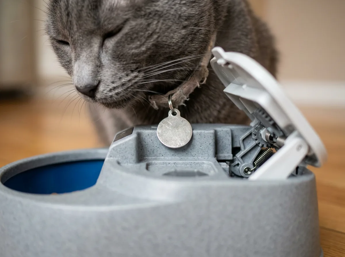 Close-up of a cat with a collar tag at the sensor lid of a microchip pet feeder