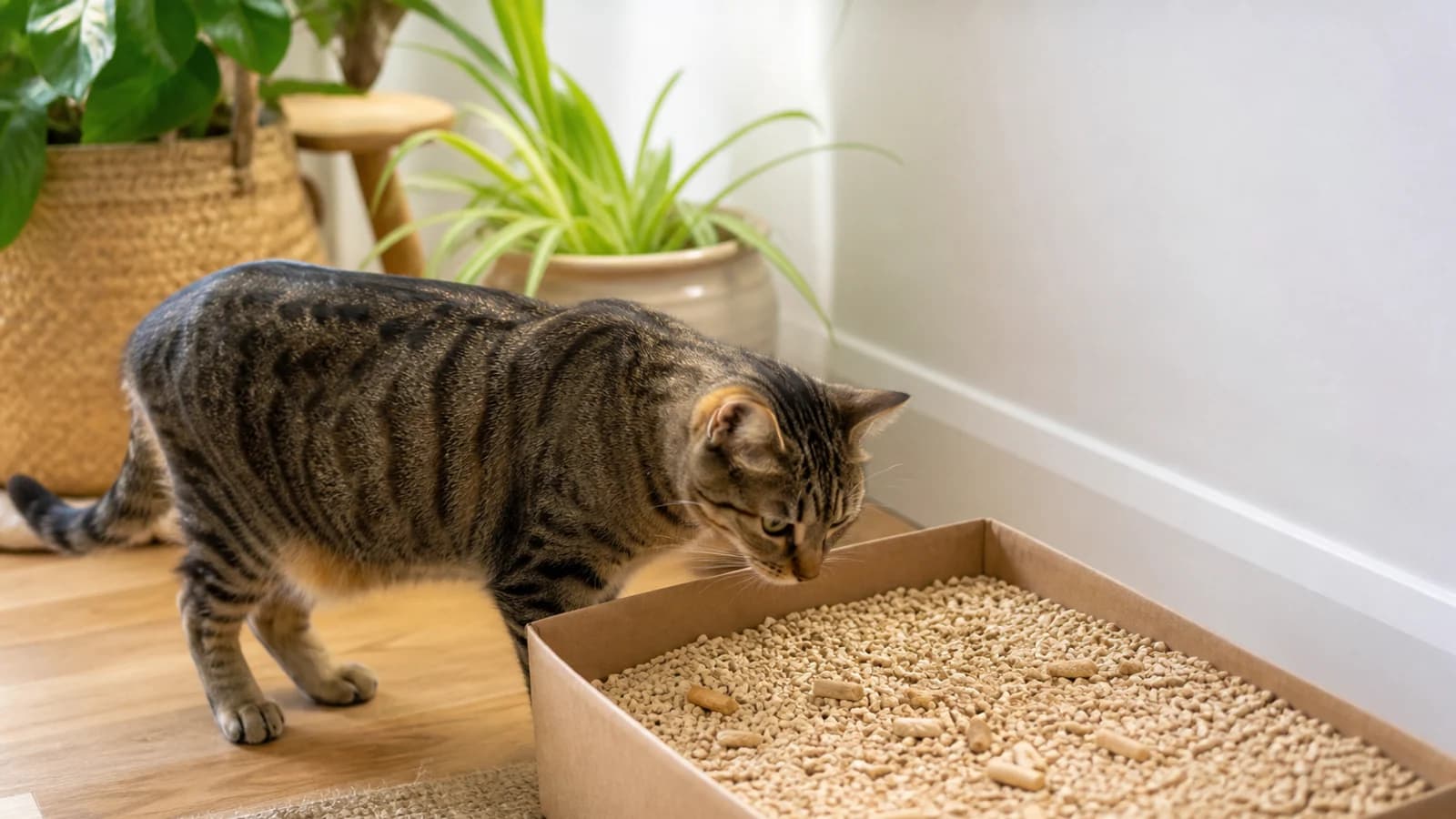 Adult cat standing beside an open litter box filled with light-colored natural plant-fiber litter