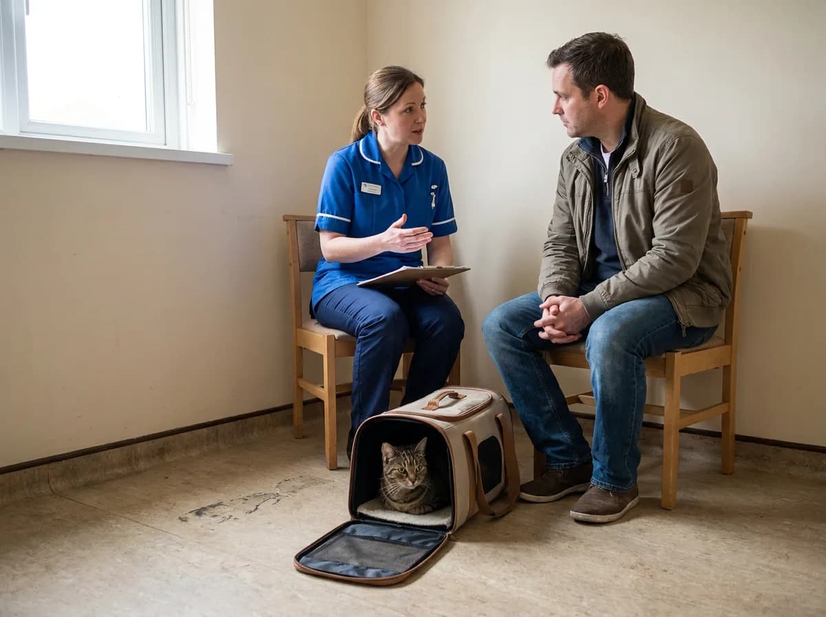 Cat resting in an open carrier beside an owner speaking with a person in blue scrubs.