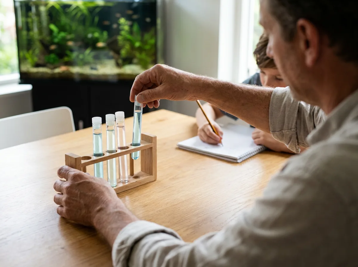 An adult handles capped aquarium test tubes while a child records observations in a notebook.