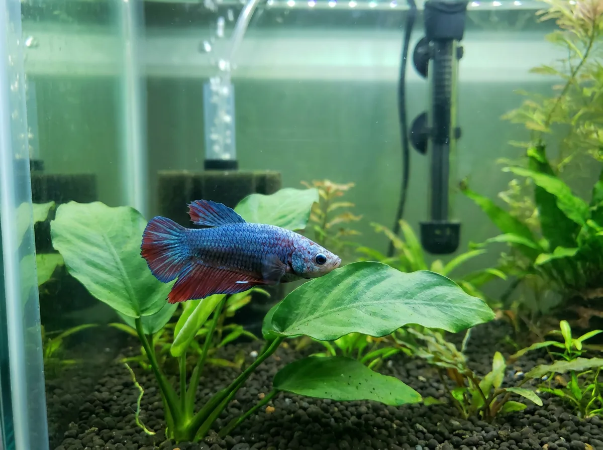 A short-finned blue and red betta swims beside plants, a sponge filter and an aquarium heater.