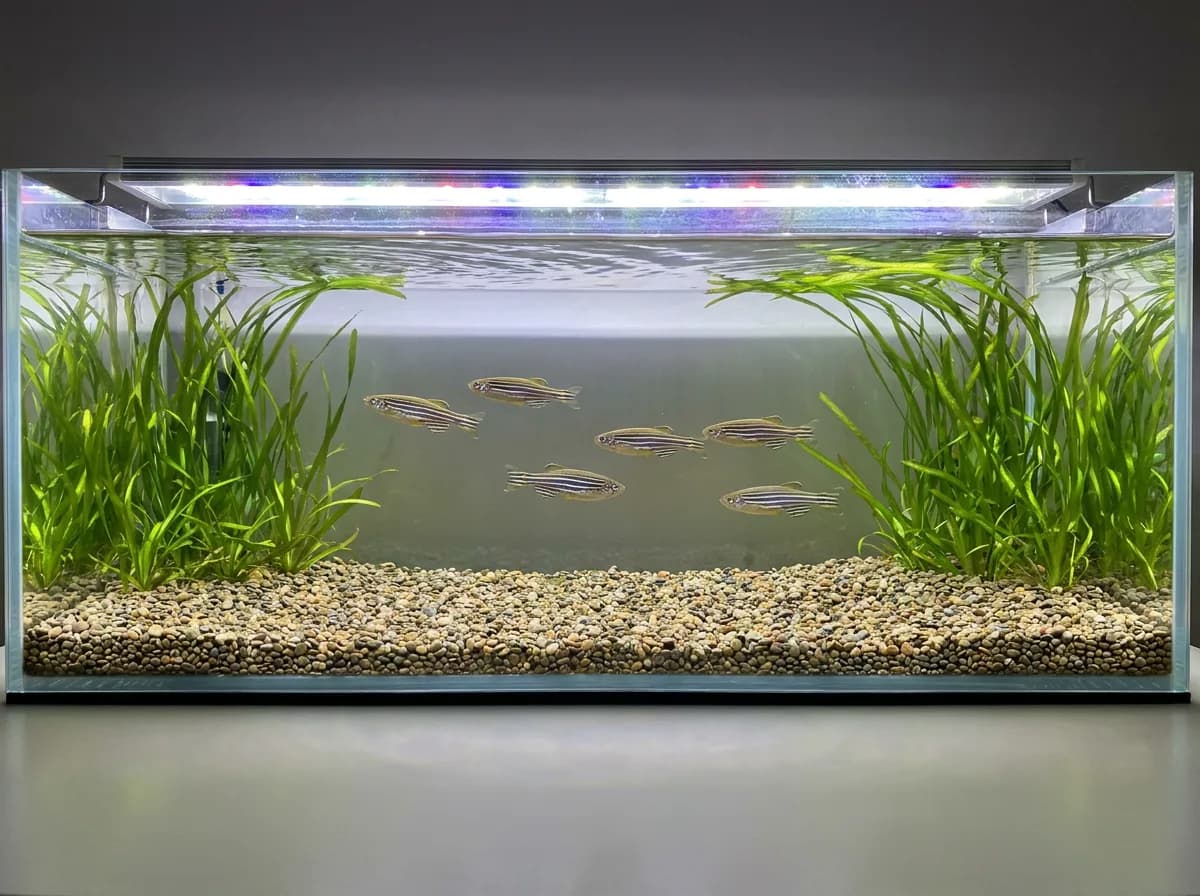 Six striped zebra danios swim through open space in a long planted aquarium.