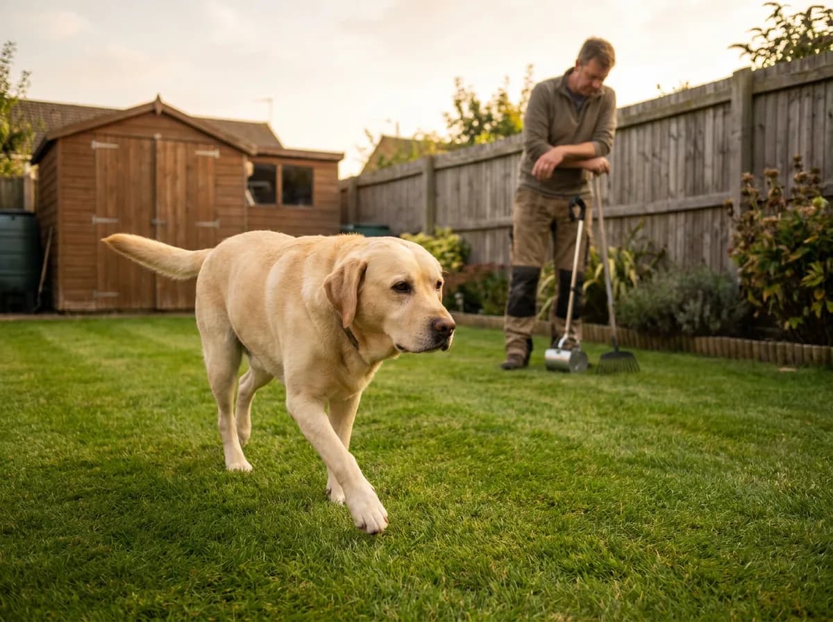 Yellow Labrador walking across a freshly mowed backyard lawn at golden hour while its owner rests on a long-handled rake and tray