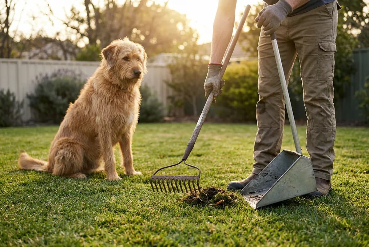 Person standing upright on a lawn pulling a short-tined metal rake toward a long-handled metal tray while a scruffy dog sits nearby