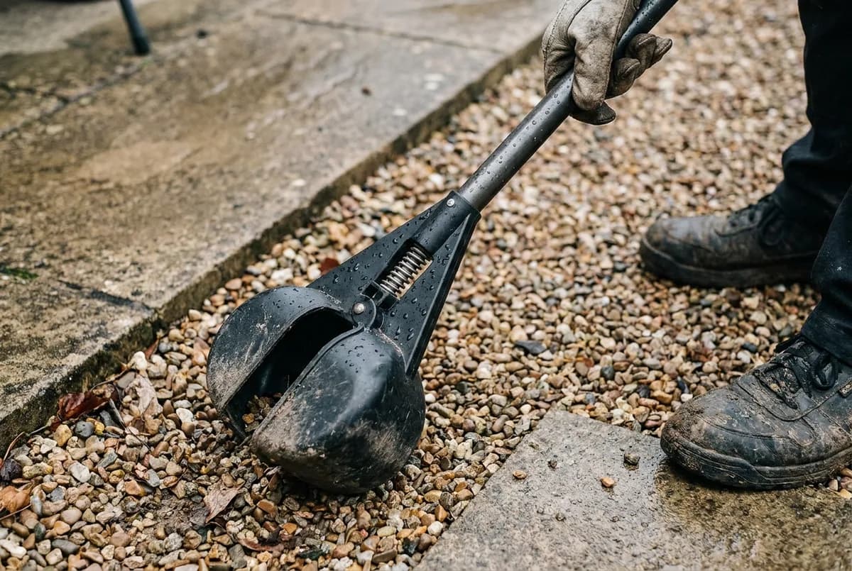 Gloved hand holding a long-handled spring-action jaw scooper closed above a pea gravel path beside a concrete patio