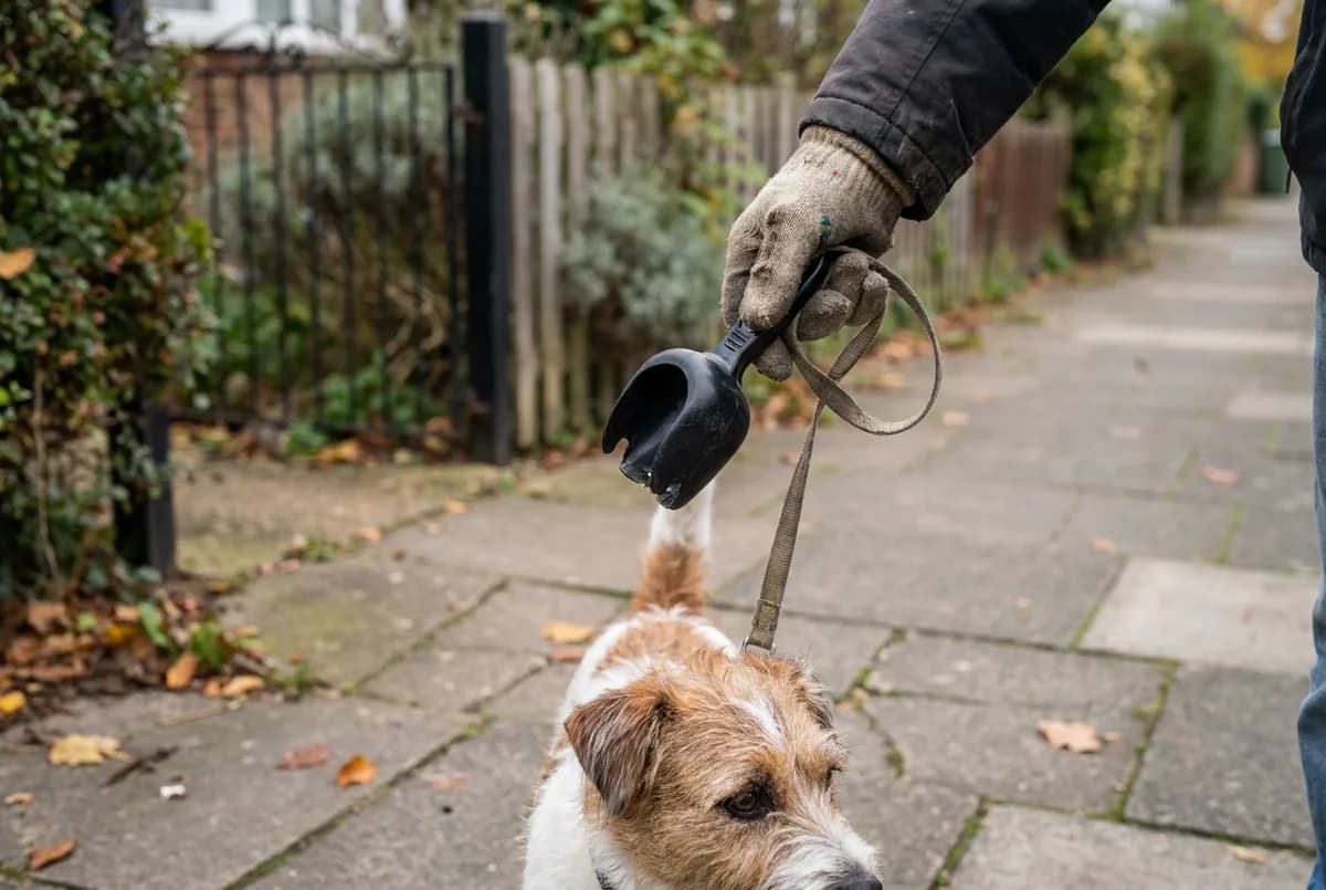 Gloved hand holding a compact handheld claw scooper and a leash on a paved sidewalk while a wire-haired terrier looks on
