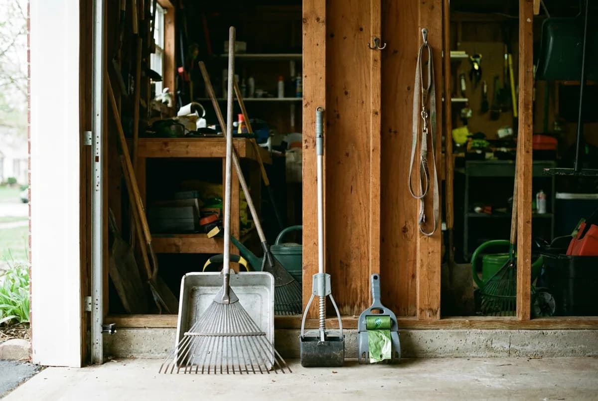 Rake with a matching tray, a long-poled jaw scooper and a small handheld scooper with bags leaning against a garage wall