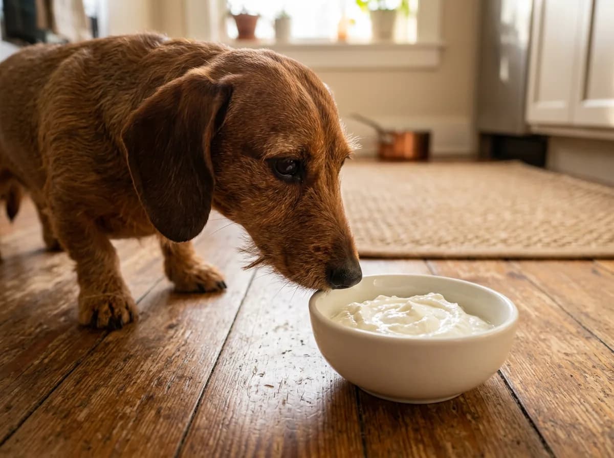 A curious dachshund sniffing a small bowl of plain Greek yogurt on a kitchen floor