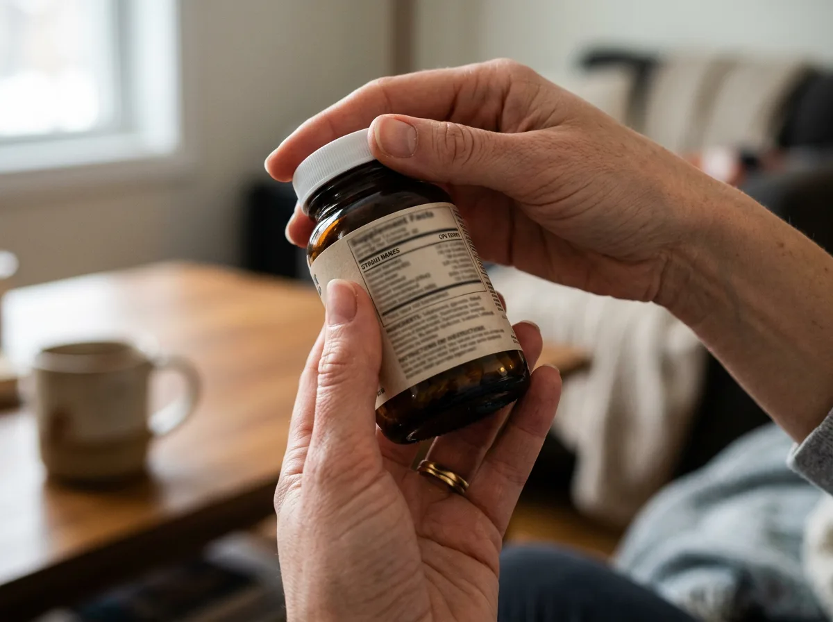 A person's hands holding a dog probiotic supplement bottle and reading the label