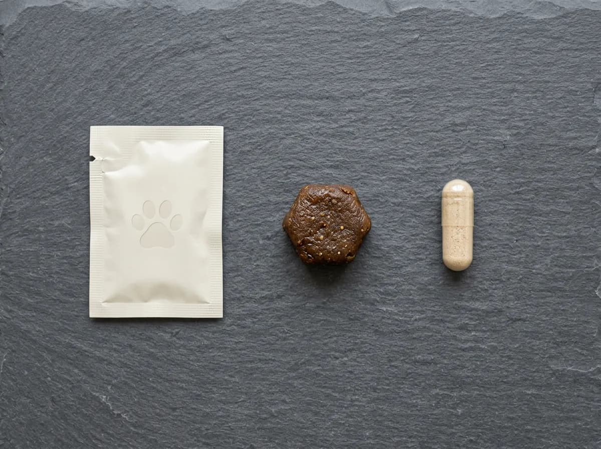 An overhead flat-lay of three dog probiotic formats: a powder sachet, a soft chew, and a capsule