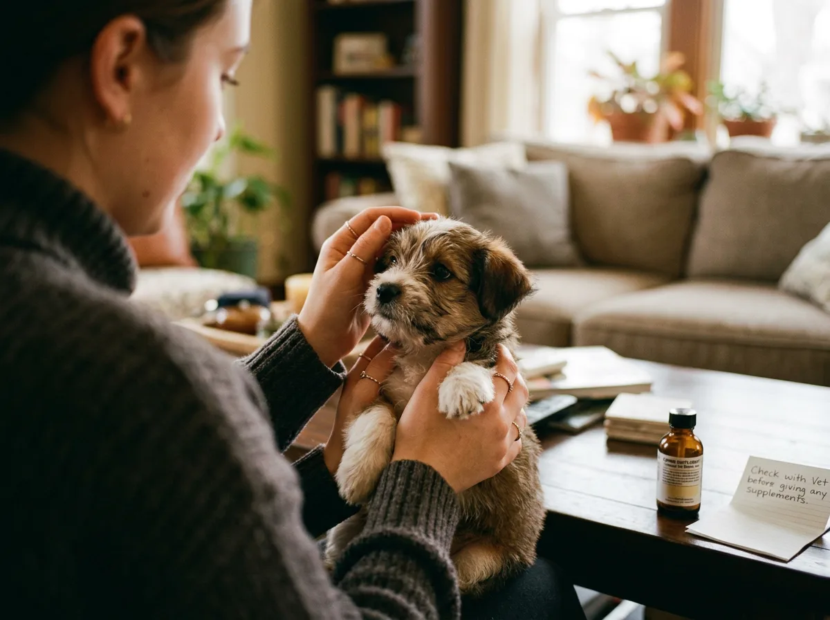A small puppy being gently held and checked over by its owner indoors