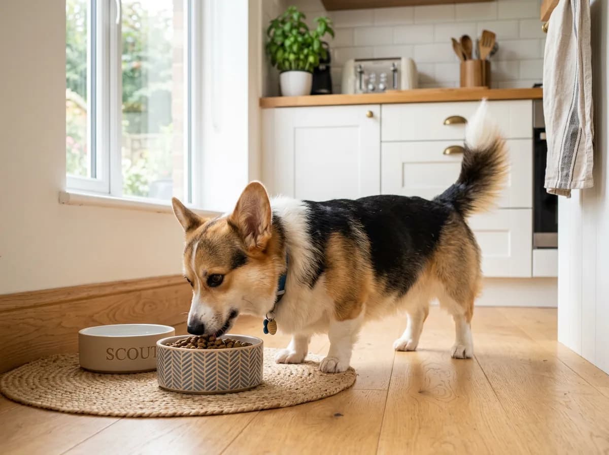 A cheerful corgi eating from a bowl in a bright kitchen