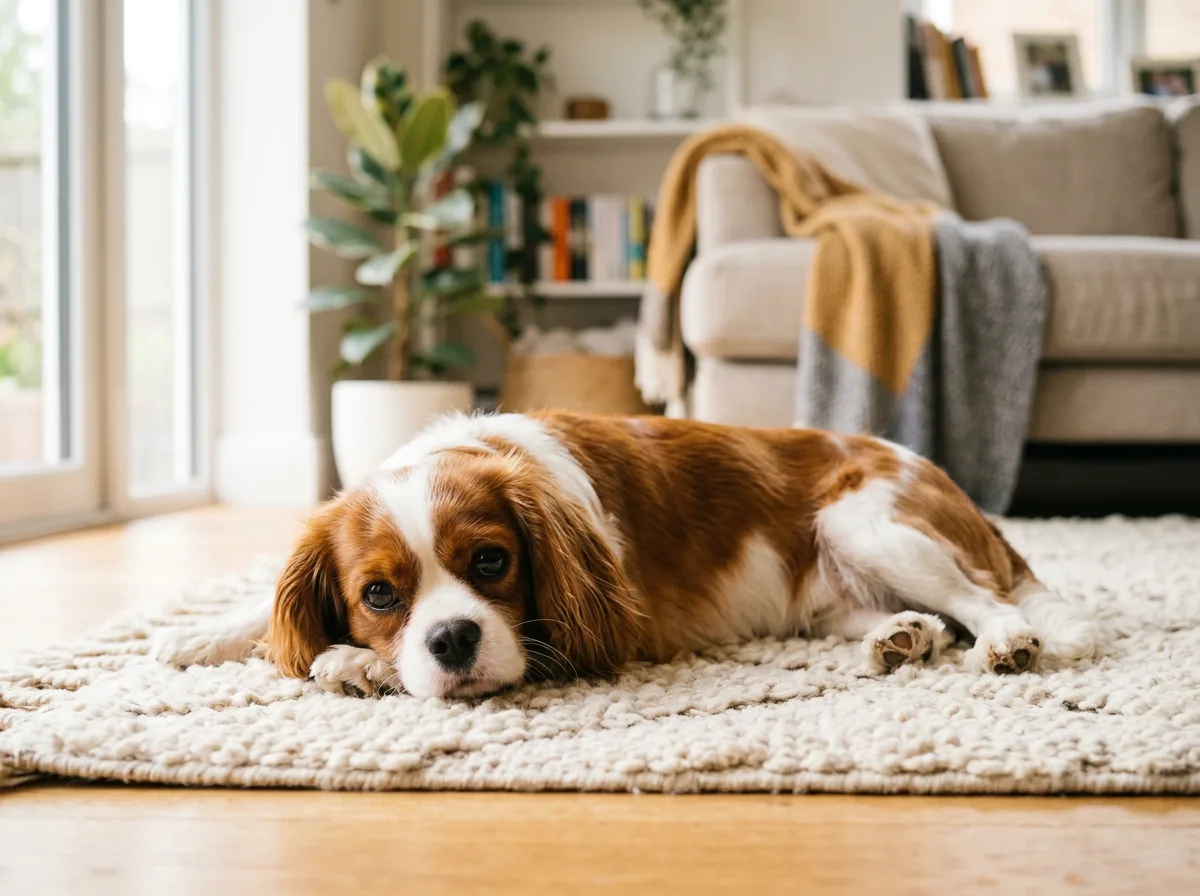 A healthy, relaxed dog with a glossy coat resting comfortably at home, conveying good gut health