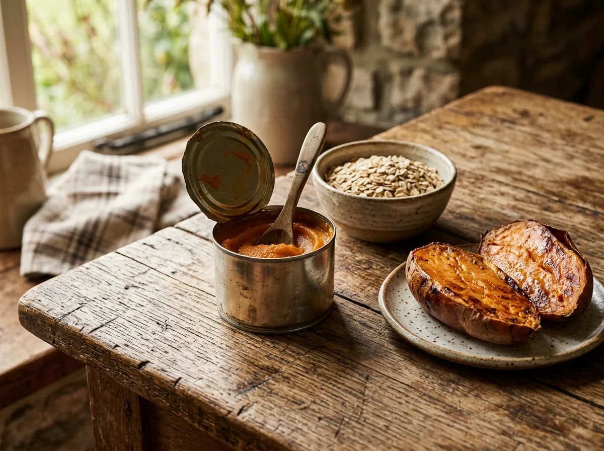 A rustic still-life of plain pumpkin, sweet potato, and oats as prebiotic foods for dogs