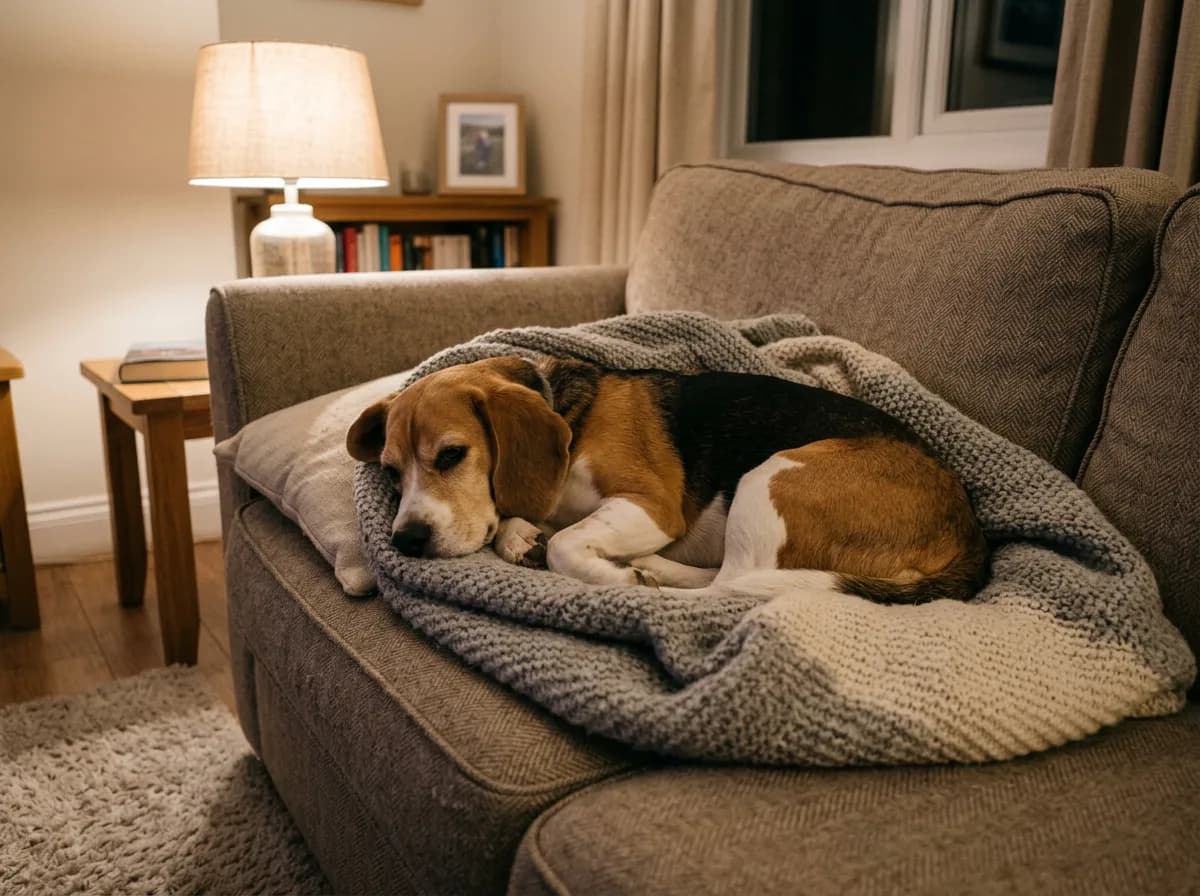 A beagle resting calmly on a soft blanket on a sofa at home