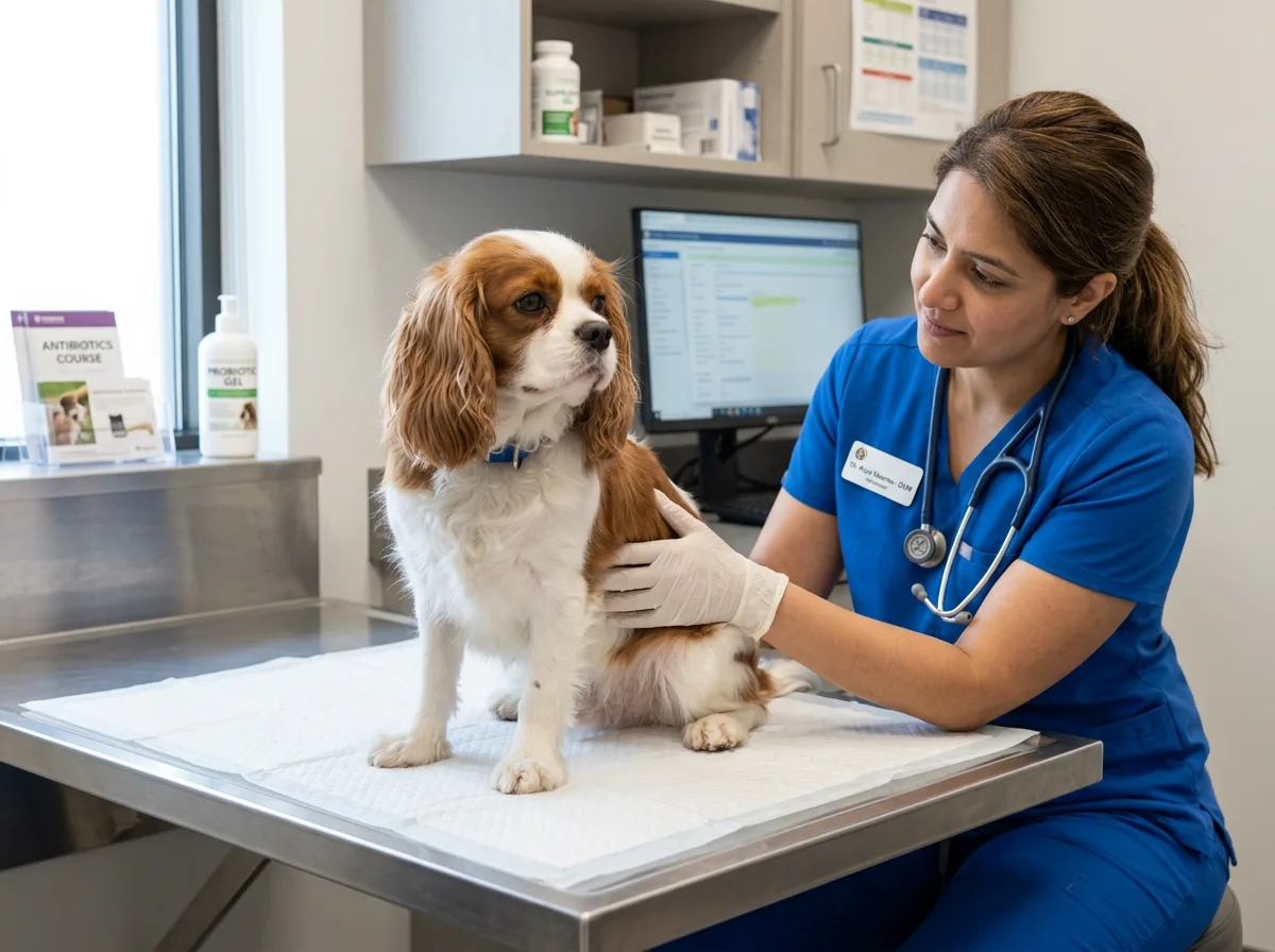 A calm Cavalier King Charles Spaniel being gently examined by a veterinarian in an exam room