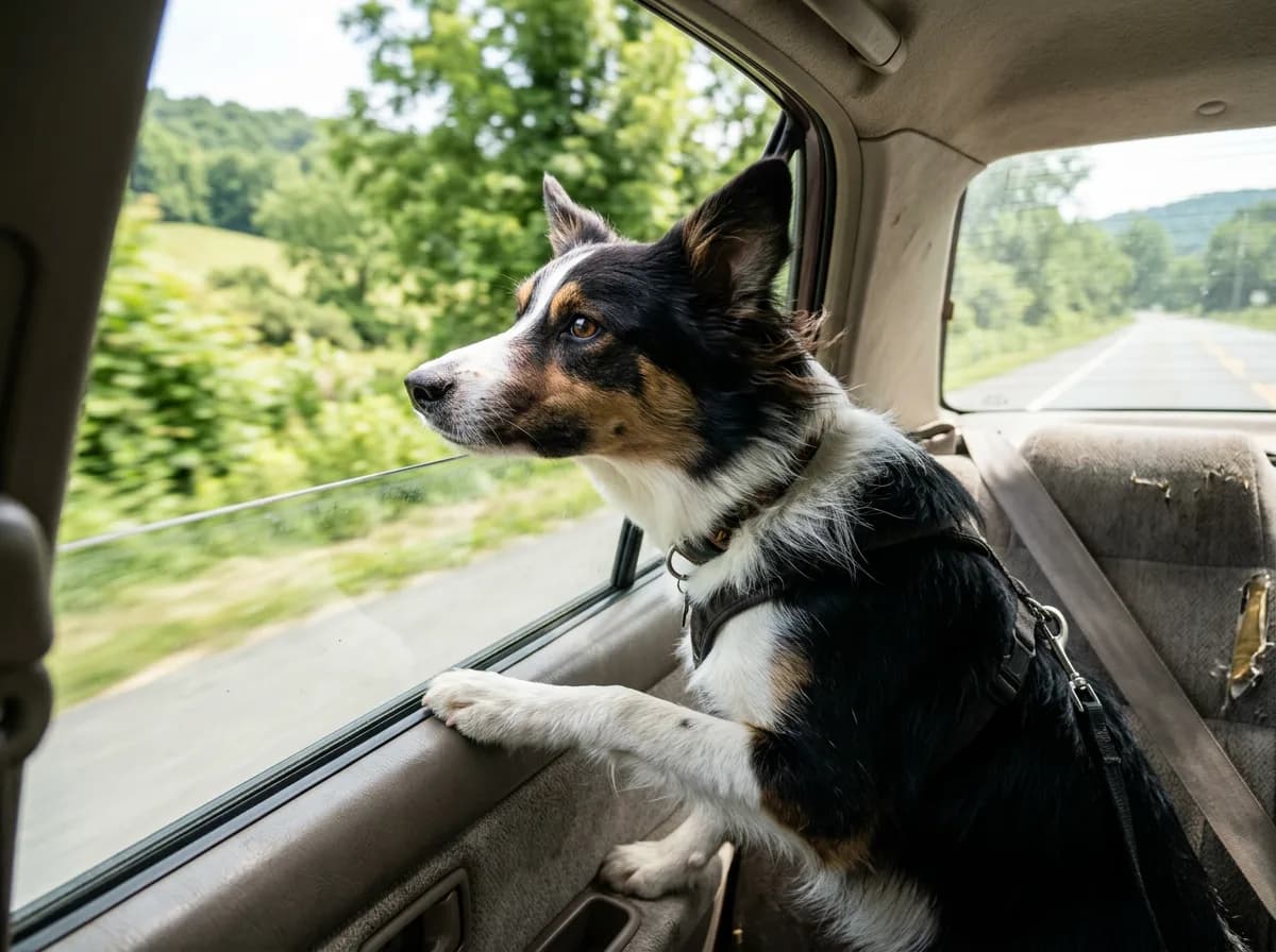 An alert border collie looking out a car window during a road trip