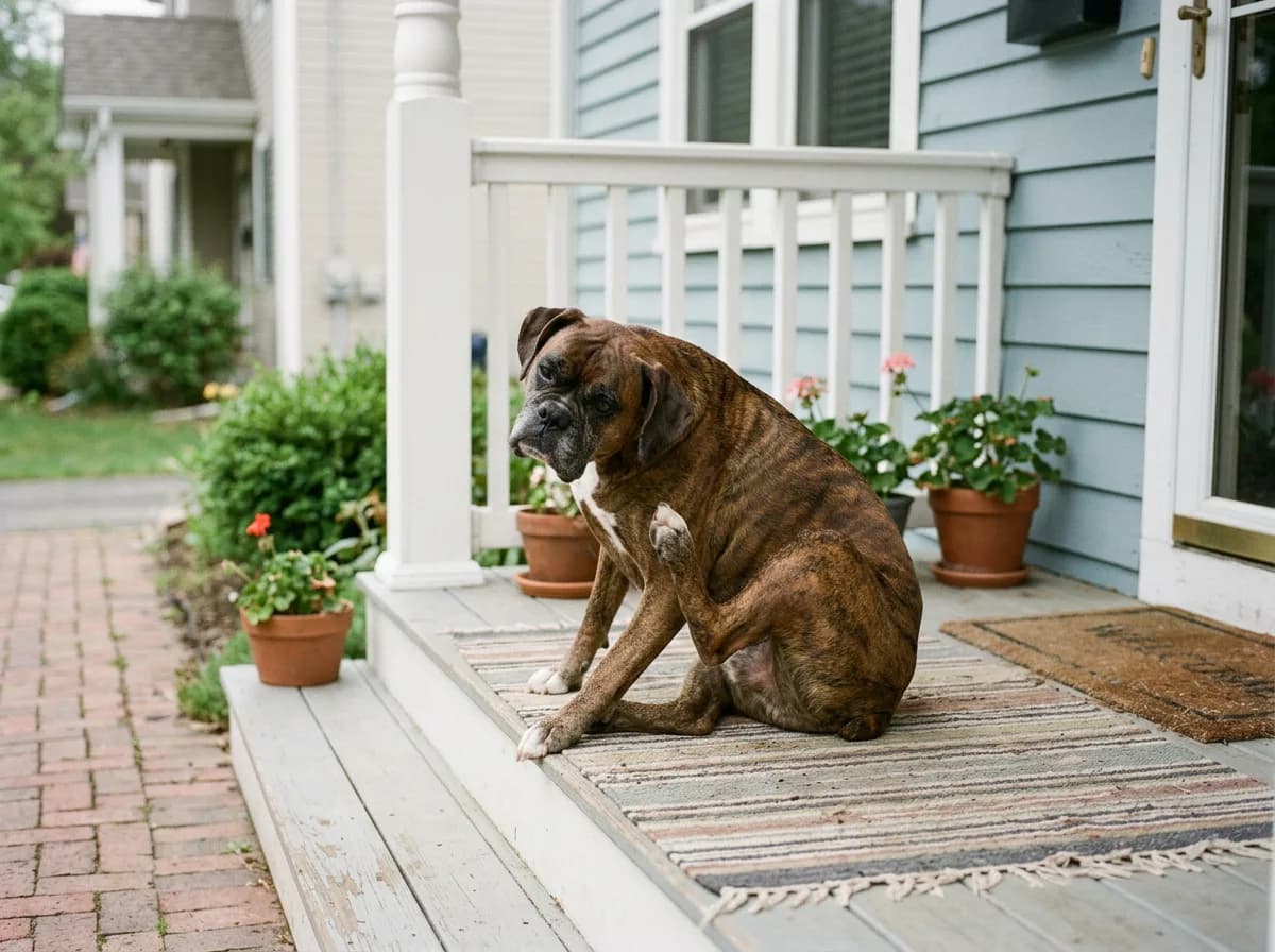 A boxer gently scratching behind its ear on a front porch