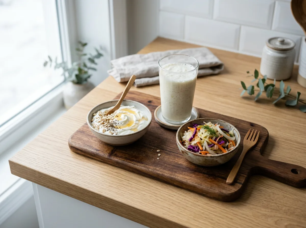 A wooden board of fermented probiotic foods including plain yogurt, kefir, and fermented vegetables
