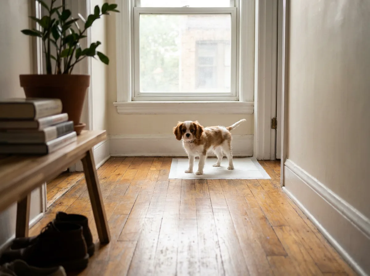 Cavalier King Charles Spaniel puppy standing on a white training pad at the end of a bright hallway with oak floors