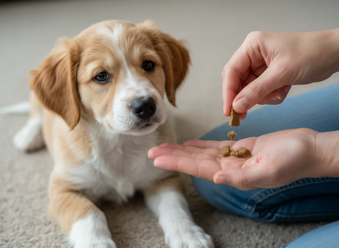 Young tan-and-white puppy watching a treat being broken into smaller pieces.