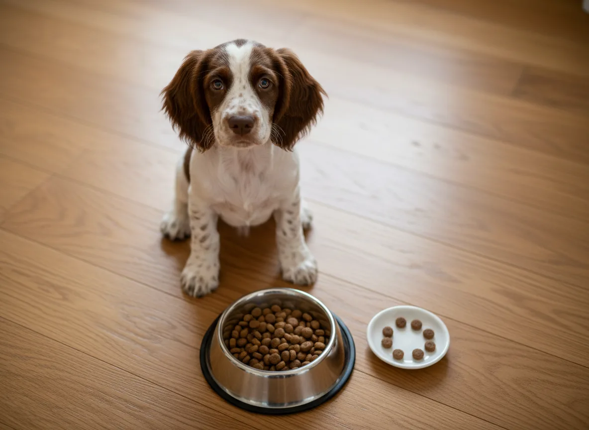 Spaniel puppy beside its kibble bowl and a small separate dish of food rewards.
