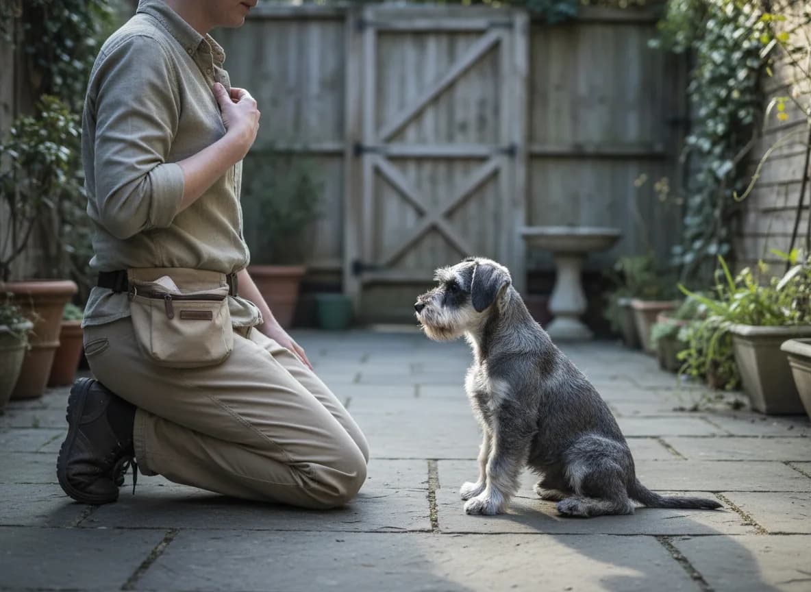 Young gray terrier sitting attentively in front of its kneeling trainer.
