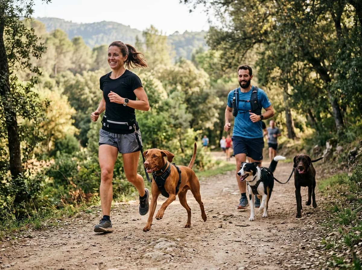 athletic dogs running or jogging with people outdoors illustrating How to Start Running With Your Dog