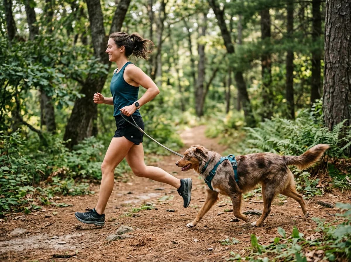 athletic dogs running or jogging with people outdoors illustrating Running With Senior Dogs and Puppies