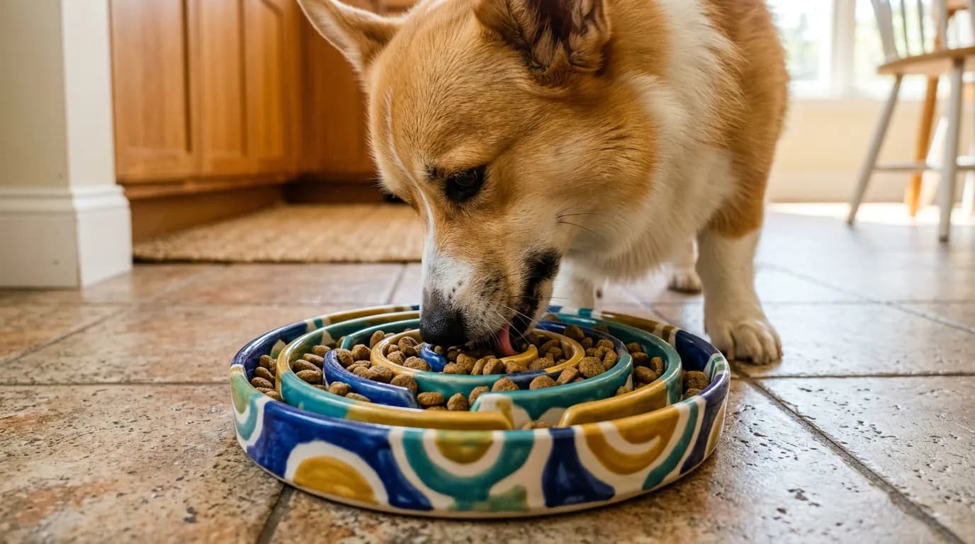 A corgi eating kibble from a maze-pattern slow feeder bowl with raised ridges on a kitchen floor