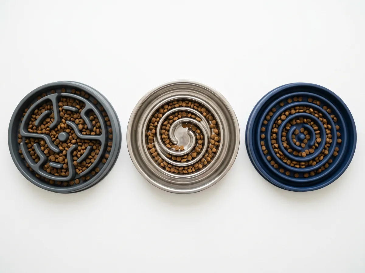 Overhead flat-lay of three slow feeder dog bowls with maze, spiral, and ridge patterns in different materials