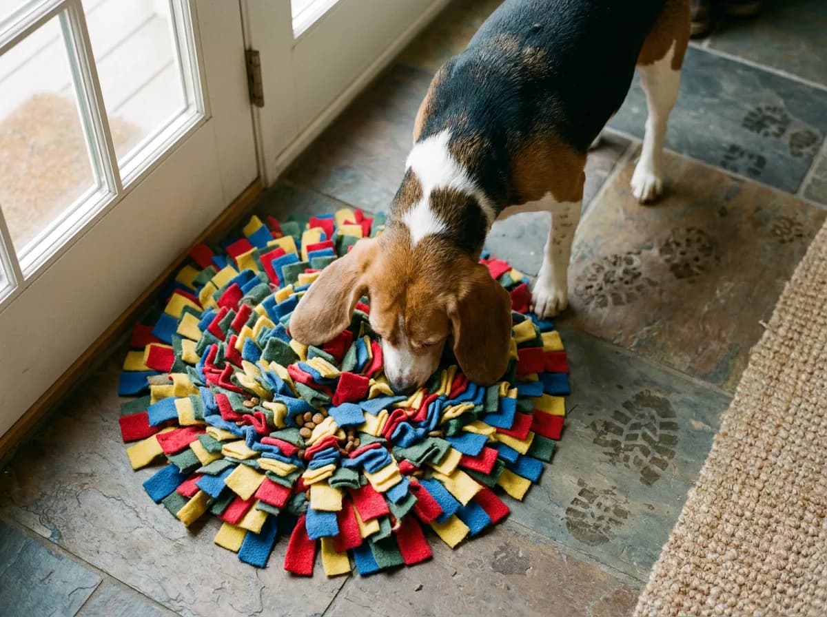 Overhead view of a beagle nosing through a round multicolored fleece snuffle mat on a slate floor by a door