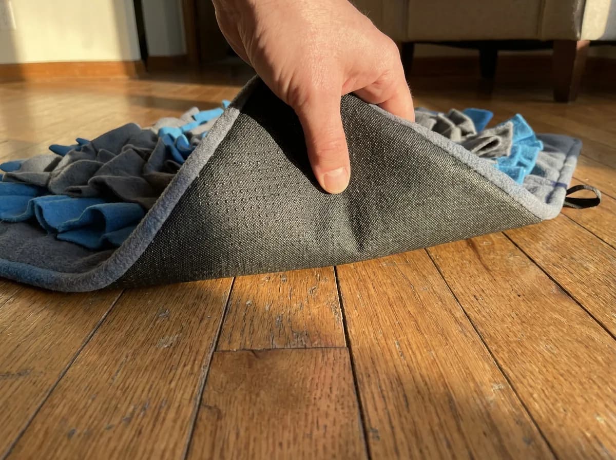 Hand lifting the corner of a blue fleece snuffle mat to show its gray non-slip rubber backing on a hardwood floor