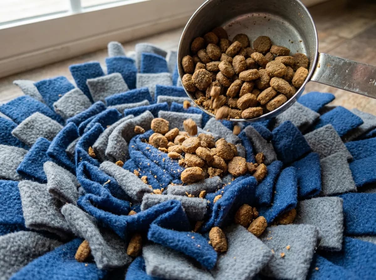 Kibble being poured from a metal scoop into the fleece folds of a blue snuffle mat