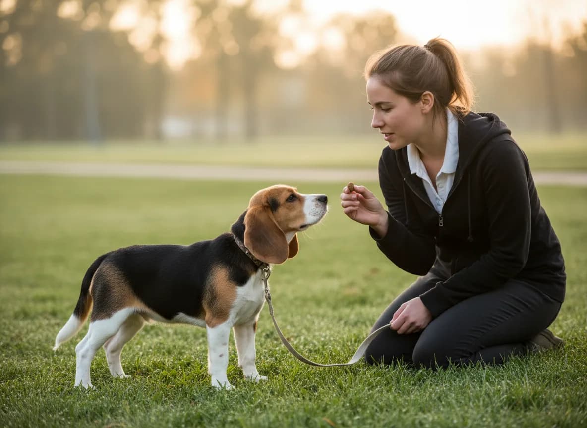Owner offering a small reward to a standing beagle outdoors.