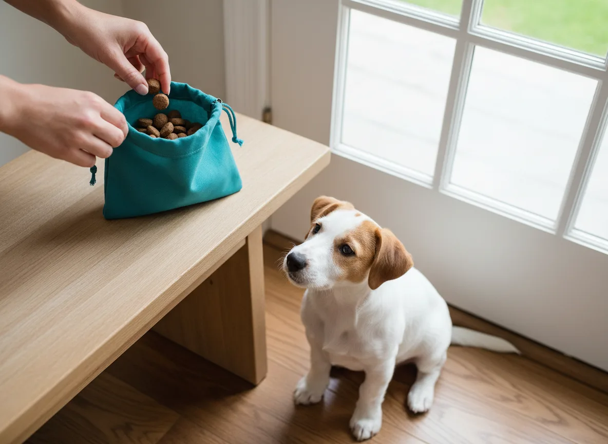 Owner preparing a treat pouch beside a small tan-and-white puppy at the back door.
