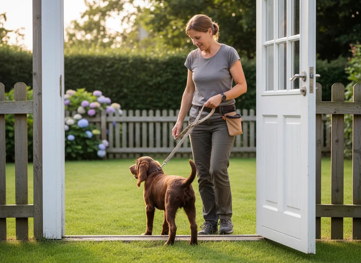 Owner taking a brown puppy outside through an open garden door.
