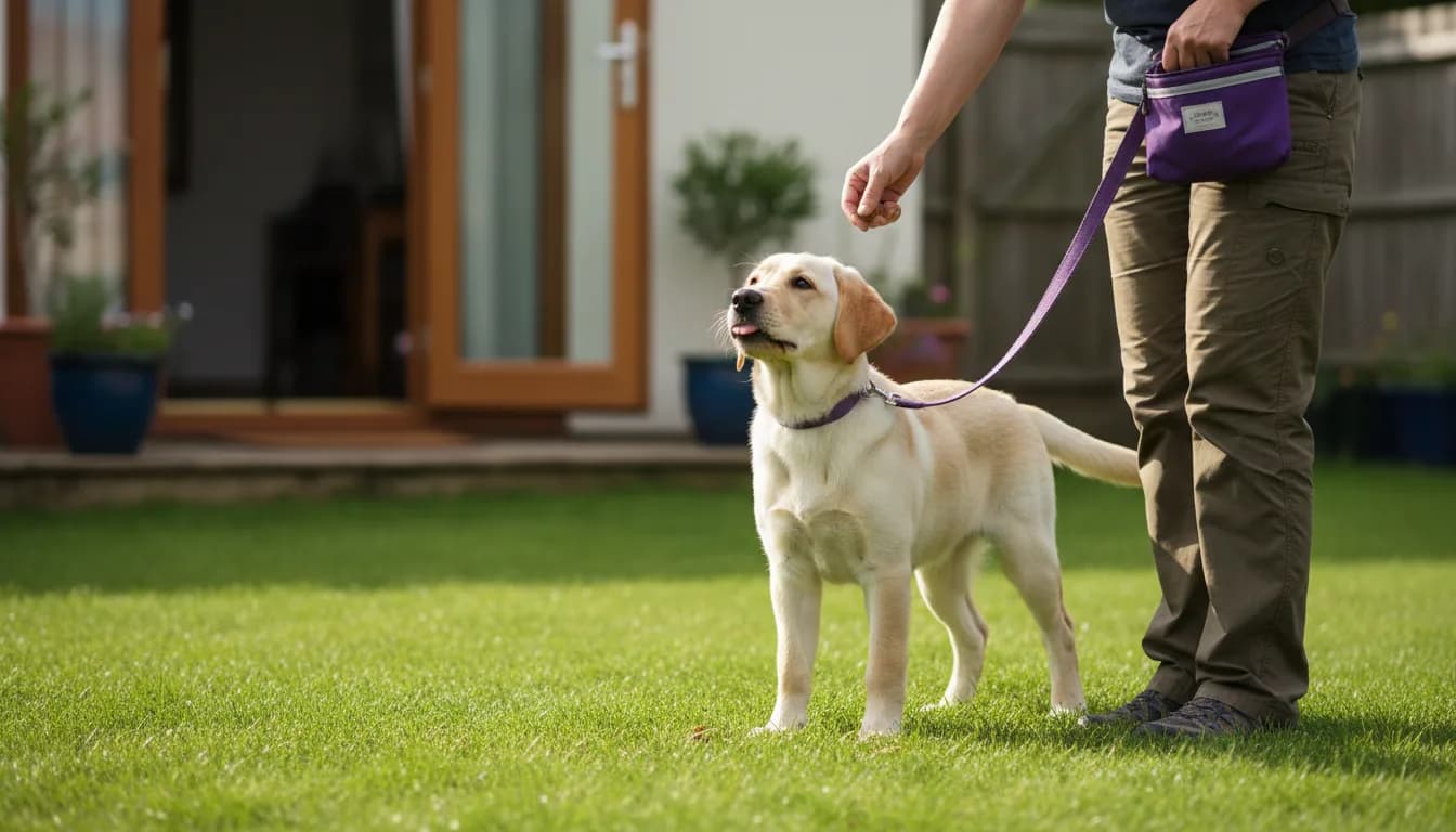 Young yellow Labrador standing beside its owner at an outdoor grass potty spot.