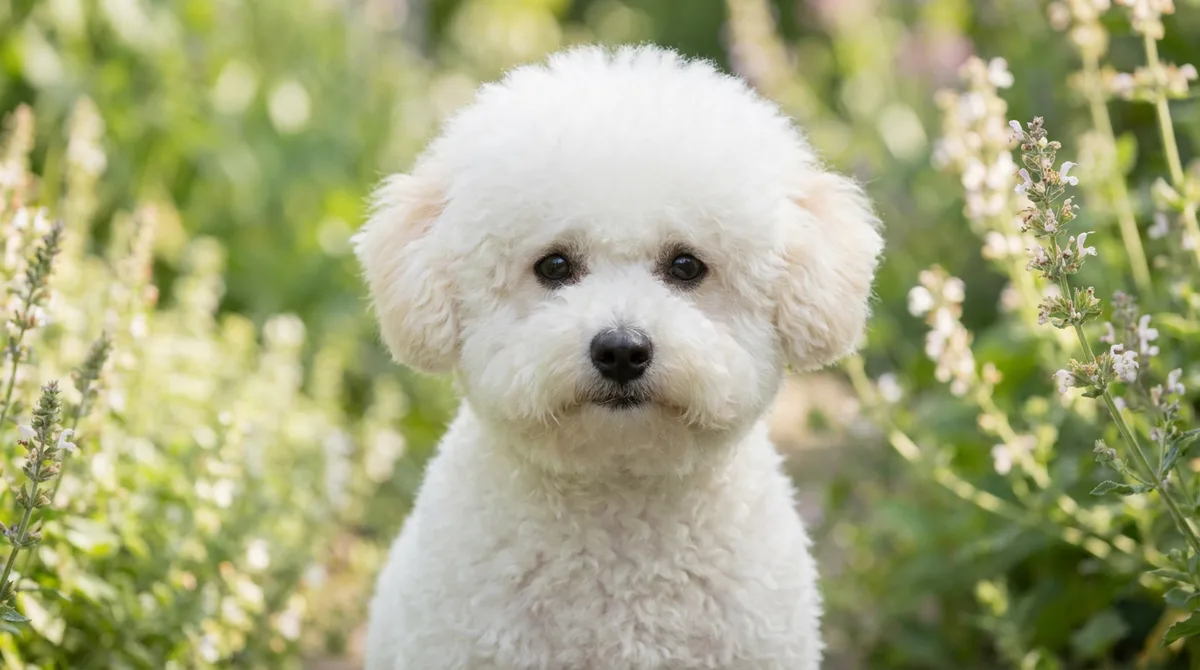 Bichon Frise puppy with a white coat and faint cream shading around the ears.