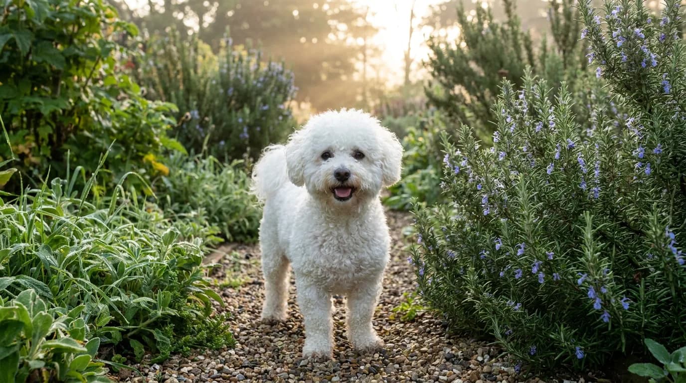 White Bichon Frise standing on a gravel garden path among green plants.