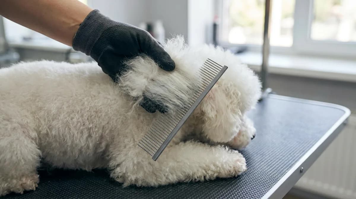 Hands parting a Bichon Frise's white coat with a metal comb near the shoulder.