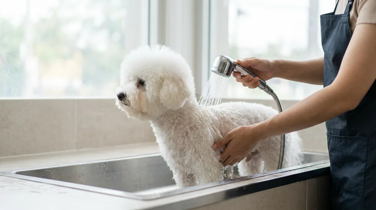 A person supporting a Bichon Frise while rinsing its back in a wash tub.