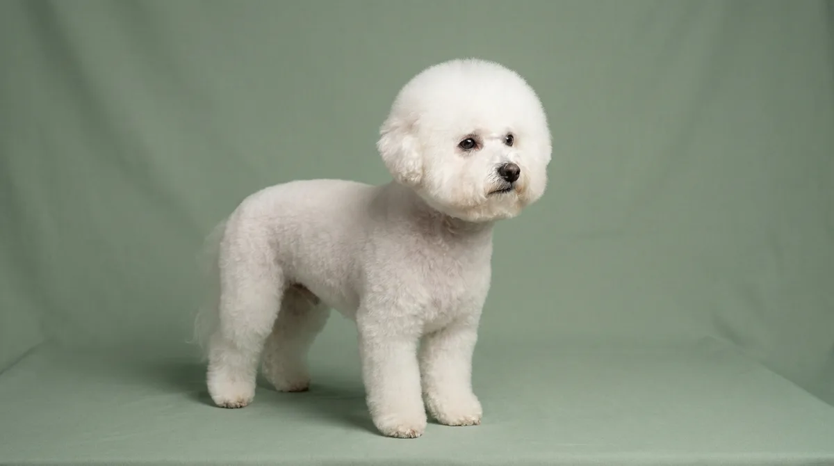 Bichon Frise with a short white trim standing against a green background.