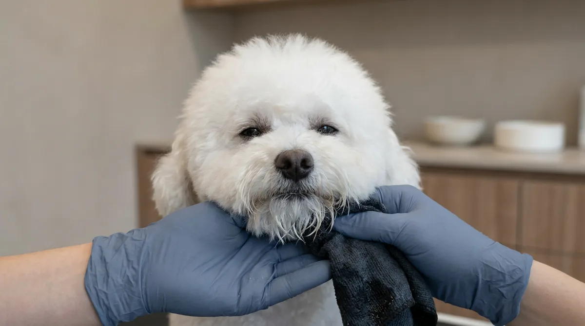 Gloved hands using a soft cloth to wipe a white Bichon Frise's chin.
