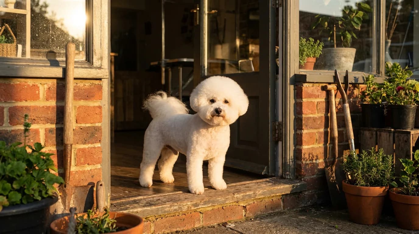 White Bichon Frise with a rounded head and short body trim standing in a brick doorway.