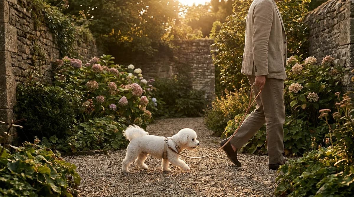 White Bichon Frise in a harness walking beside an adult on a garden path.