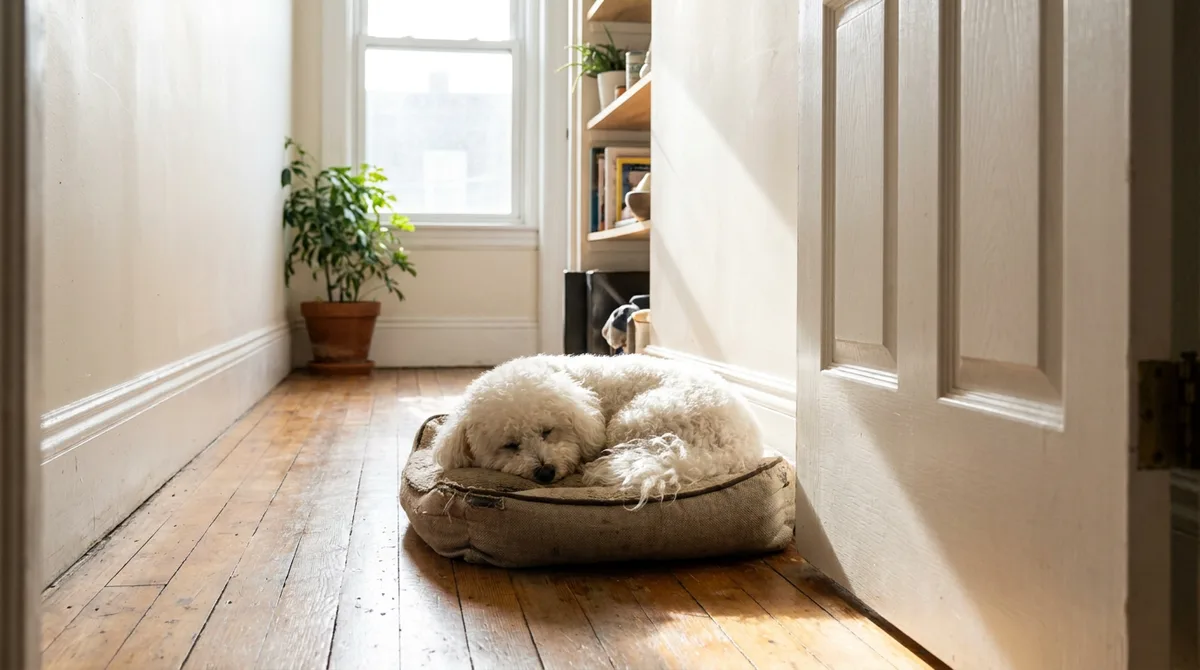 White Bichon Frise curled on its own bed outside a closed door.