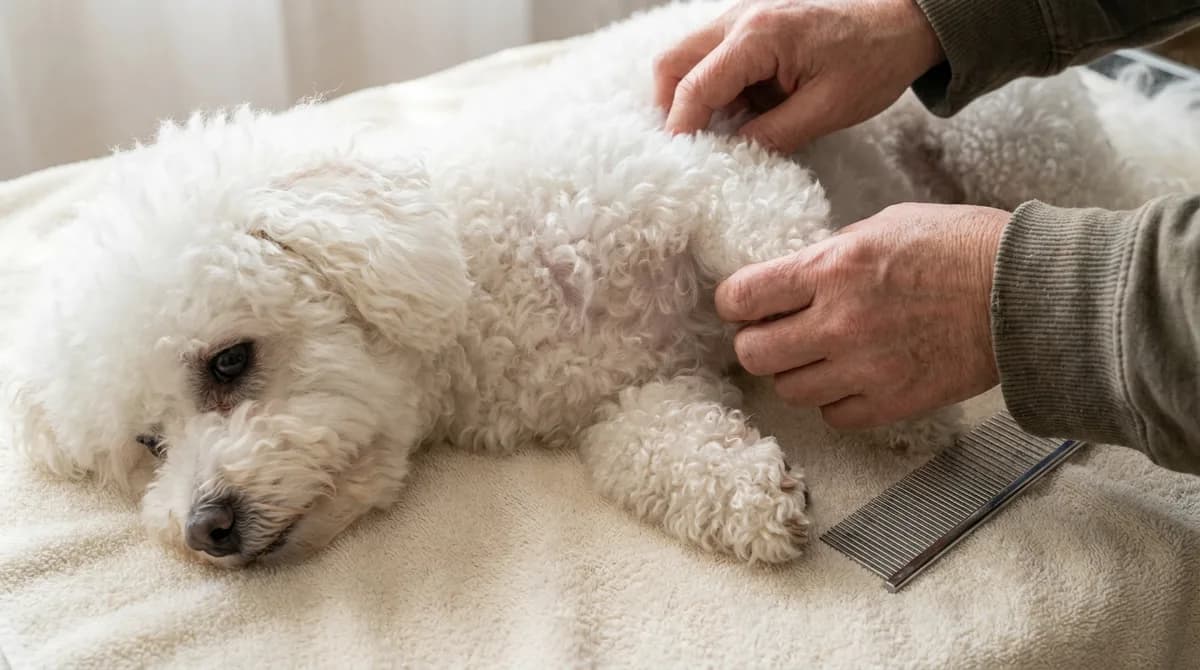 Hands gently parting a Bichon Frise's curly white coat, with a comb on a towel nearby.