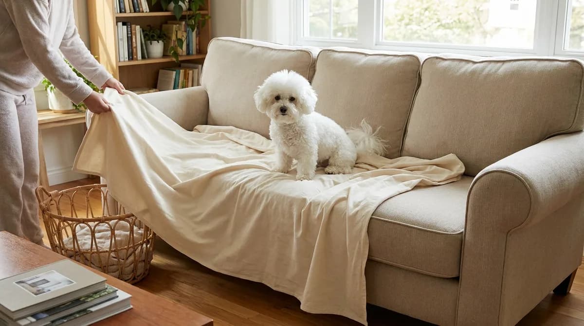 An adult lifting a cotton throw from a sofa beside a white Bichon Frise and a laundry basket.
